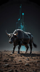 3D Black Bull on Rocky Ground with Tech Lines for crypto bull run, Finance Websites, Cryptocurrency Visuals, Bullish Market Metaphor, Corporate Decor, Business Marketing, Investment Art