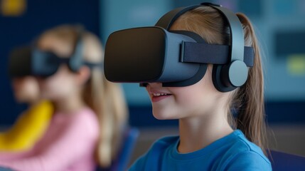 Modern Virtual Reality Classroom Setting With Students Using VR Headsets During Interactive Learning Session Digital Education Technology Integration Contemporary Teaching Methods Future School