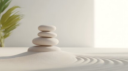 Zen garden scene with smooth stacked stones, raked gravel patterns, and a tranquil atmosphere, symbolising balance, harmony, and mindfulness in a serene outdoor setting