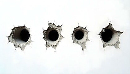 Bullet holes shot into a concrete wall on a plain white background.