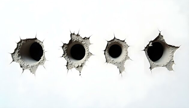 Bullet holes shot into a concrete wall on a plain white background.