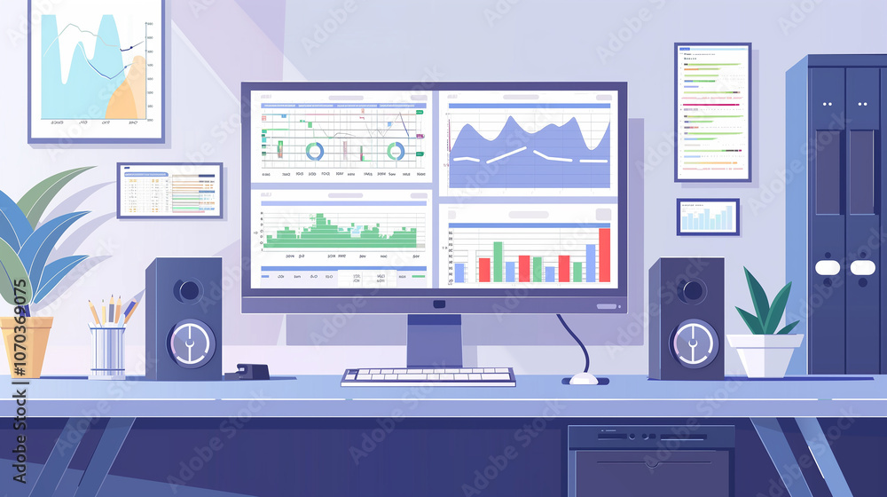 Poster home office setup with screens showing a data science project, charts, and machine learning algorith