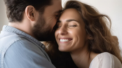 Obraz premium A close-up of the woman's face, showing her radiant smile as she hugs and comforts her husband. 