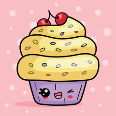 
Funny cake winks in kawaii style, cute isolated sweet food vector illustration