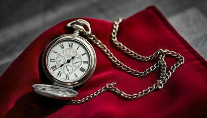Pocket watch and chain laid neatly on velvet