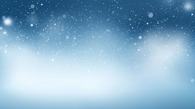 Elegant abstract winter snow background featuring falling snowflakes and bokeh lights on a soft blue gradient. Perfect for Christmas, New Year, or festive seasonal designs with a dreamy, blurred atmos