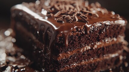 A decadent slice of chocolate cake showcases layers of rich frosting and cocoa shavings, presented on an earthy wooden background. The inviting dessert exudes a luxurious appeal.
