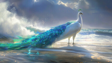 A beautiful peacock standing near a sea bank. © Narayana