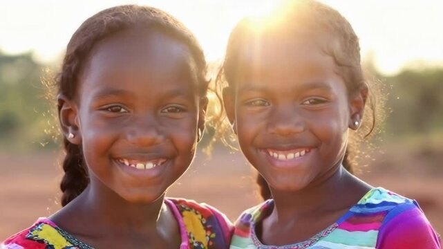 Two Young girls smiling warmly in a poor village during sunset, reflecting resilience and simplicity of life.