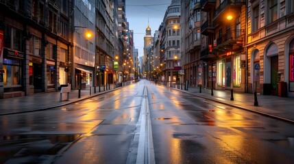 Fototapeta premium A serene urban street at dawn, reflecting lights and buildings after rain.
