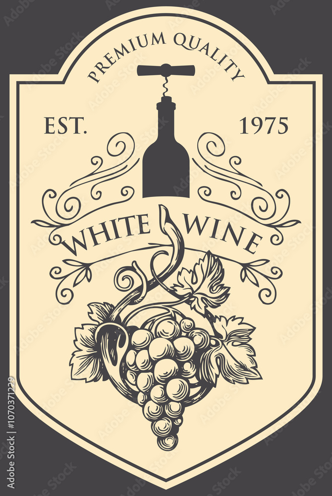Poster wine label with a bunch of grapes, bottle with corkscrew and inscriptions in retro style. vector han