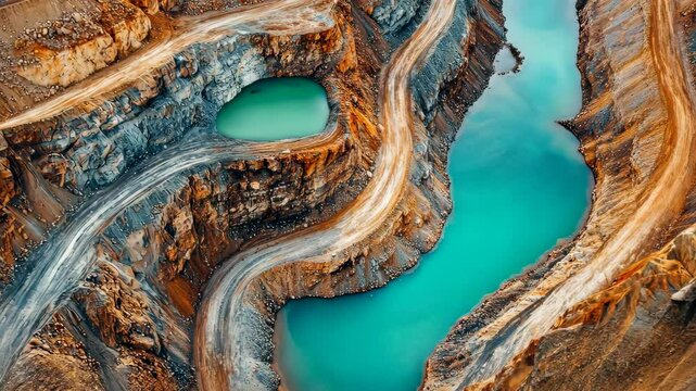 Turquoise water gradually filling an expansive open pit mine
