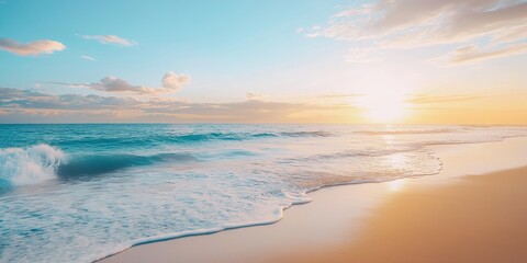 A serene beach scene with a setting sun reflecting on the waves at the shore, evoking peace and calmness.