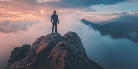 Silhouette of a person on a rocky summit amid clouds at sunset, representing adventure and introspection.