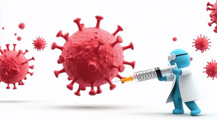 Cartoon doctor injecting a large coronavirus with a syringe.
