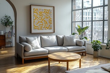 Minimalist, a living room photograph of a Scandinavian interior and mid century modern interior combination with walls with art frames and sofas and tables. Generative AI
