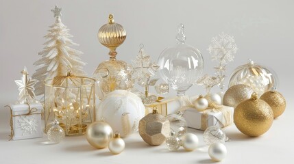 A set of white and gold Christmas ornaments, with glass balls