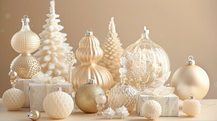 A set of white and gold Christmas ornaments, with glass balls