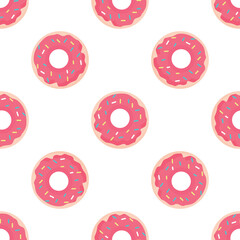 Sweet and colorful, this seamless pattern showcases delicious pink frosted donuts with vibrant sprinkles, perfect for bakery, cafe, or dessert themed designs