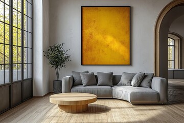 A mid century modern interior in a residential living room with minimalist, arched structures and hanging walls with art frames and sofas and tables. Generative AI
