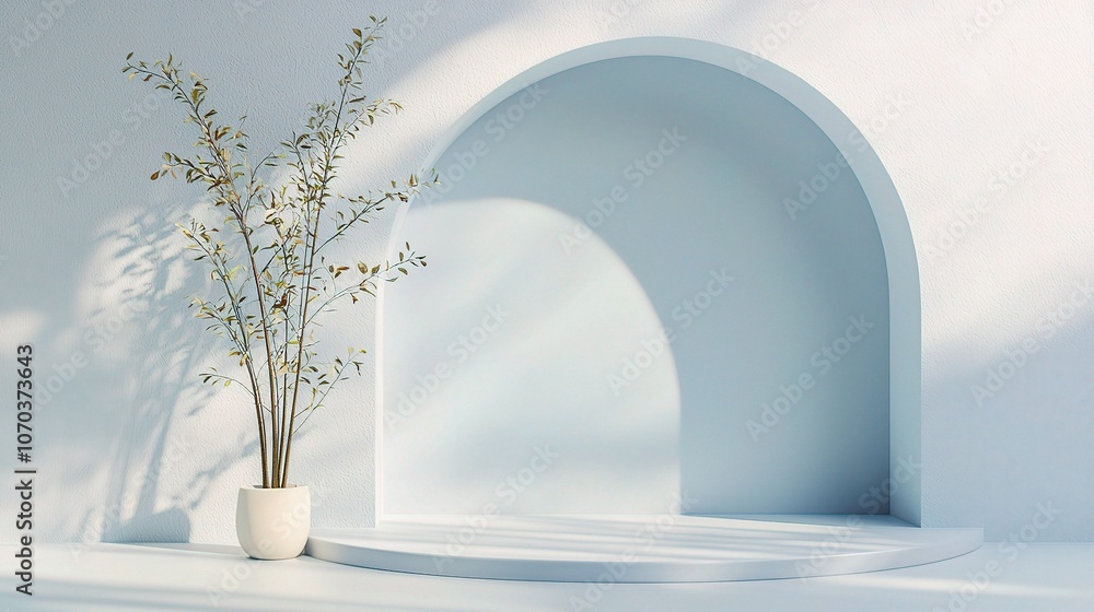 Poster minimalist display with arch and potted branch