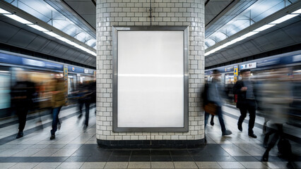 A group of people are walking through a subway station with a large white sign in the middle. The sign is blank, but the people are busy and bustling, creating a sense of movement and energy