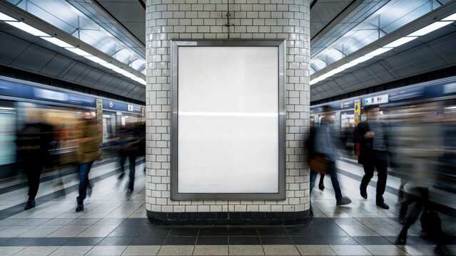 A group of people are walking through a subway station with a large white sign in the middle. The sign is blank, but the people are busy and bustling, creating a sense of movement and energy
