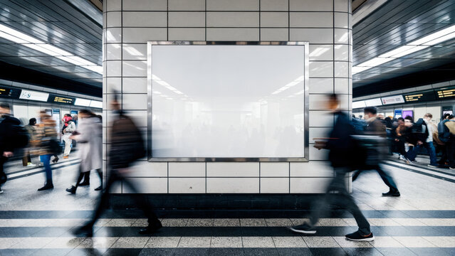 A group of people are walking through a subway station with a large white sign in the middle. The sign is blank, but the people are busy and bustling, creating a sense of movement and energy
