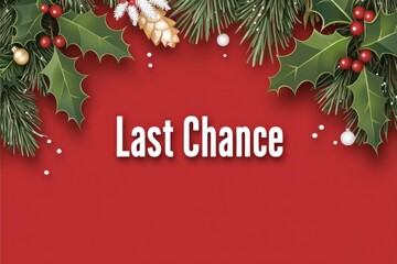 Last Chance Christmas Sale Banner Concept. A festive red background adorned with holly and ornaments featuring the text "Last Chance," conveying urgency for holiday deals or events