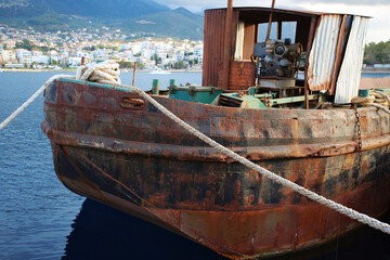  Barge dredging platform crane barge tug boat on the sea
