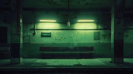 Obraz premium A dimly lit, abandoned waiting area with a bench and peeling walls, evoking solitude.
