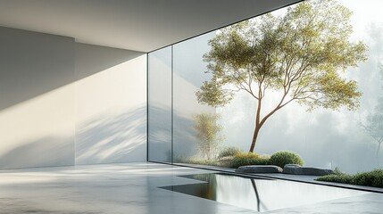 A modern corner window with frameless glass panels, set on a minimalist white background.