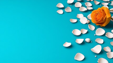 Orange Rose and White Petals on Blue Background Romantic Floral Design