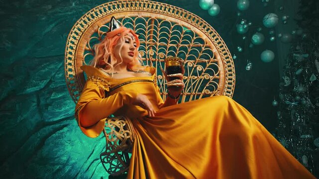 fantasy woman queen sits on throne hands holding cup of red wine glass drink. long golden claws jewelry rings. Sexy Lady in Royal dress velvet gold old style orange hair. Girl warrior elf magic world