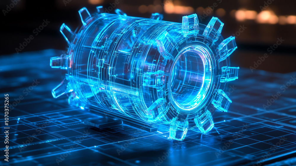 Poster high detail futuristic 3d model engine component with glowing blue elements advanced technology and 