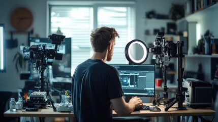 Male Content Creator in a Modern Streaming Studio Adjusting Equipment with Ring Light and Dual Monitors, Captured from Behind in Natural and Ambient Lighting for a Professional Look