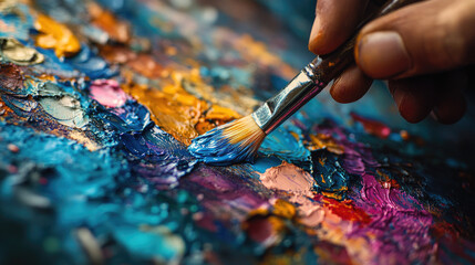 Obraz premium close-up of a hand holding a paintbrush applying vibrant blue paint on a textured, multicolored canvas. The paint palette features bold hues like yellow, pink, and purple in a dynamic composition