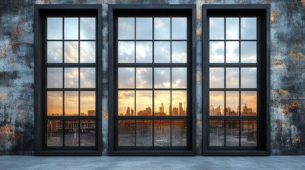 A modern industrial window with sleek black frames and frosted glass, isolated against a white background.