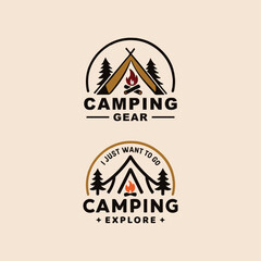Camping Gear outdoor logo design with tent, campfire, and pine trees