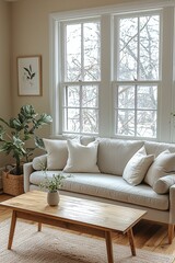 Minimalist, Scandinavian interiors in the living room of a house with windows visible and sofas. Generative AI
