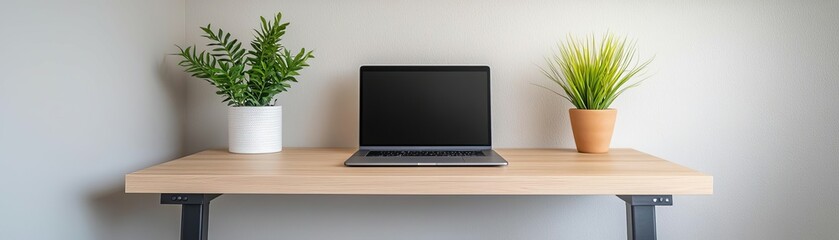 Fototapeta premium Modern workspace featuring a laptop on a wooden desk with potted plants for a fresh and inviting atmosphere.