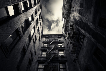 a grayscale urban alley featuring fire escapes, aged walls, and an overcast sky creating a gritty and atmospheric scene
