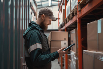 Male worker using tablet check stock balance at logistics retail warehouse. Technology and business
