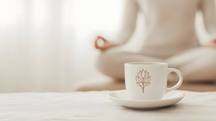 Fototapeta premium A person meditating with a cup of herbal tea nearby, creating a serene and calming scene that emphasises mindfulness, relaxation, and holistic well-being