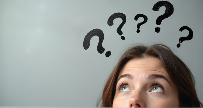 A woman's face is depicted in a light grey background, with curious expressions with hand drawn question marks upon her head.