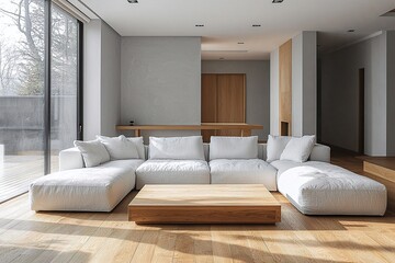 Fototapeta premium Minimalist, a living room photo of a combination of Scandinavian interiors and mid century modern interiors with sofas and tables. Generative AI 