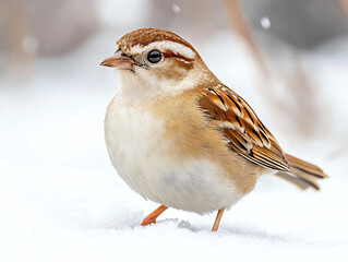 small bird with round body and distinctive markings stands on snow, showcasing its beautiful plumage. scene captures serene winter moment