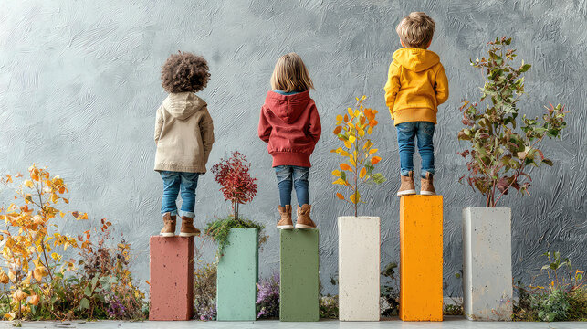 Children standing on different  levels of a bar graph symbolize global inequality in opportunities