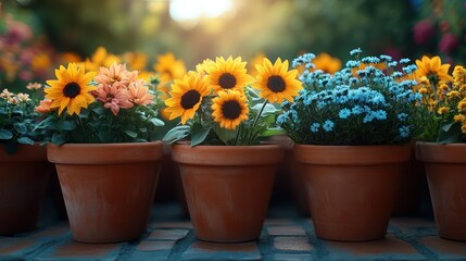 A rooftop terrace filled with flower pots of wildflowers and sunflowers, captured in vibrant 4K.