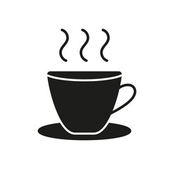 Steaming Cup on Saucer Silhouette Icon. Hot Beverage Coffee or Tea Glyph Symbol. Warm Drink with Saucer. Isolated Vector Illustration